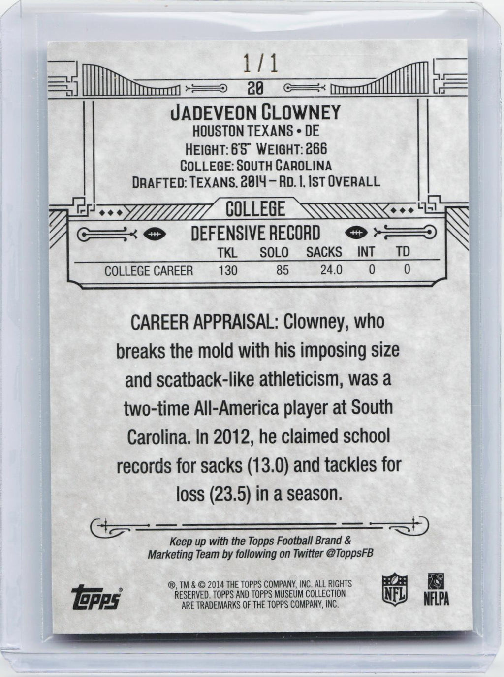 2014 Topps Museum Collection #20 Jadeveon Clowney Emerald #/1