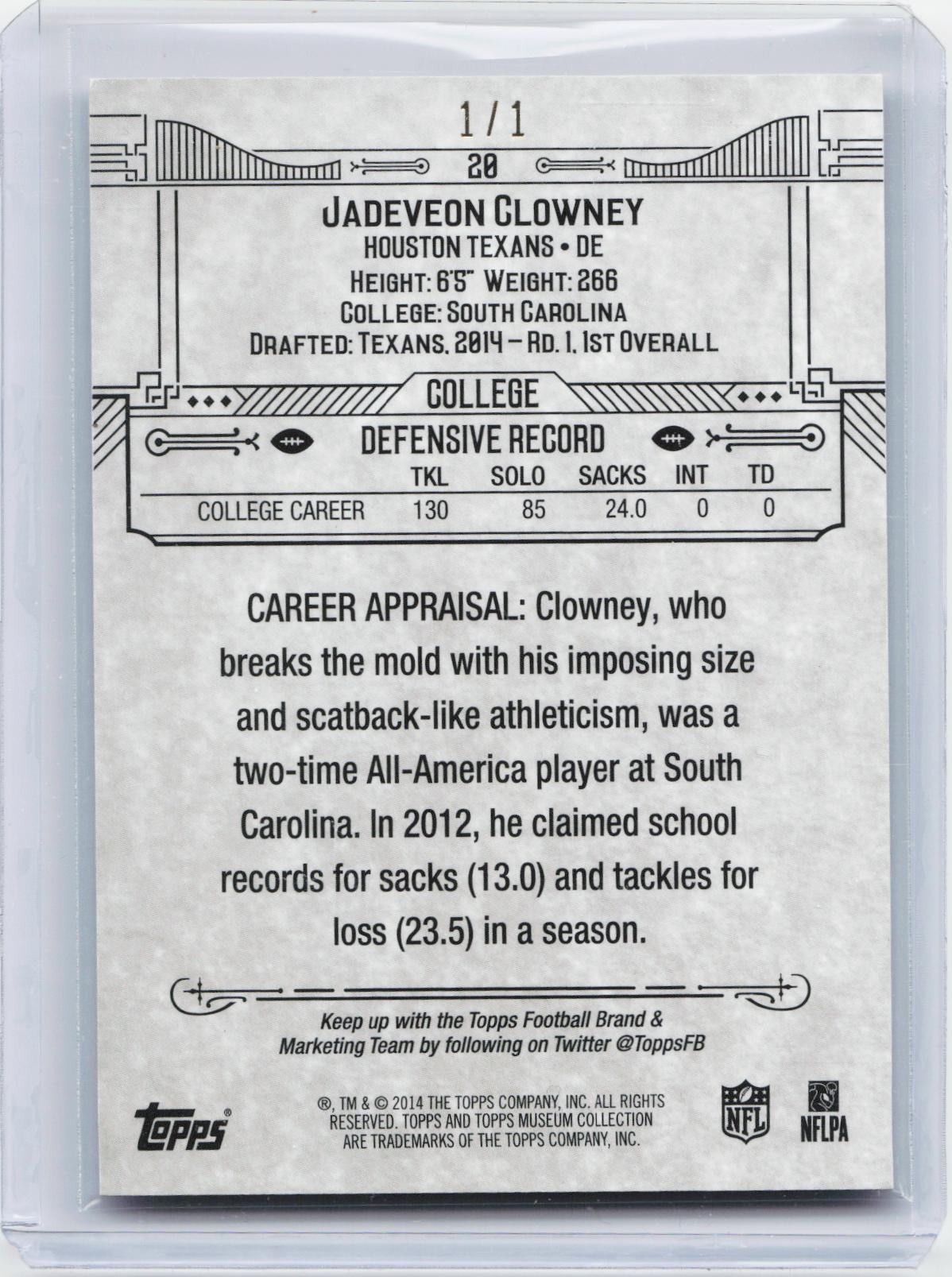 2014 Topps Museum Collection #20 Jadeveon Clowney Emerald #/1
