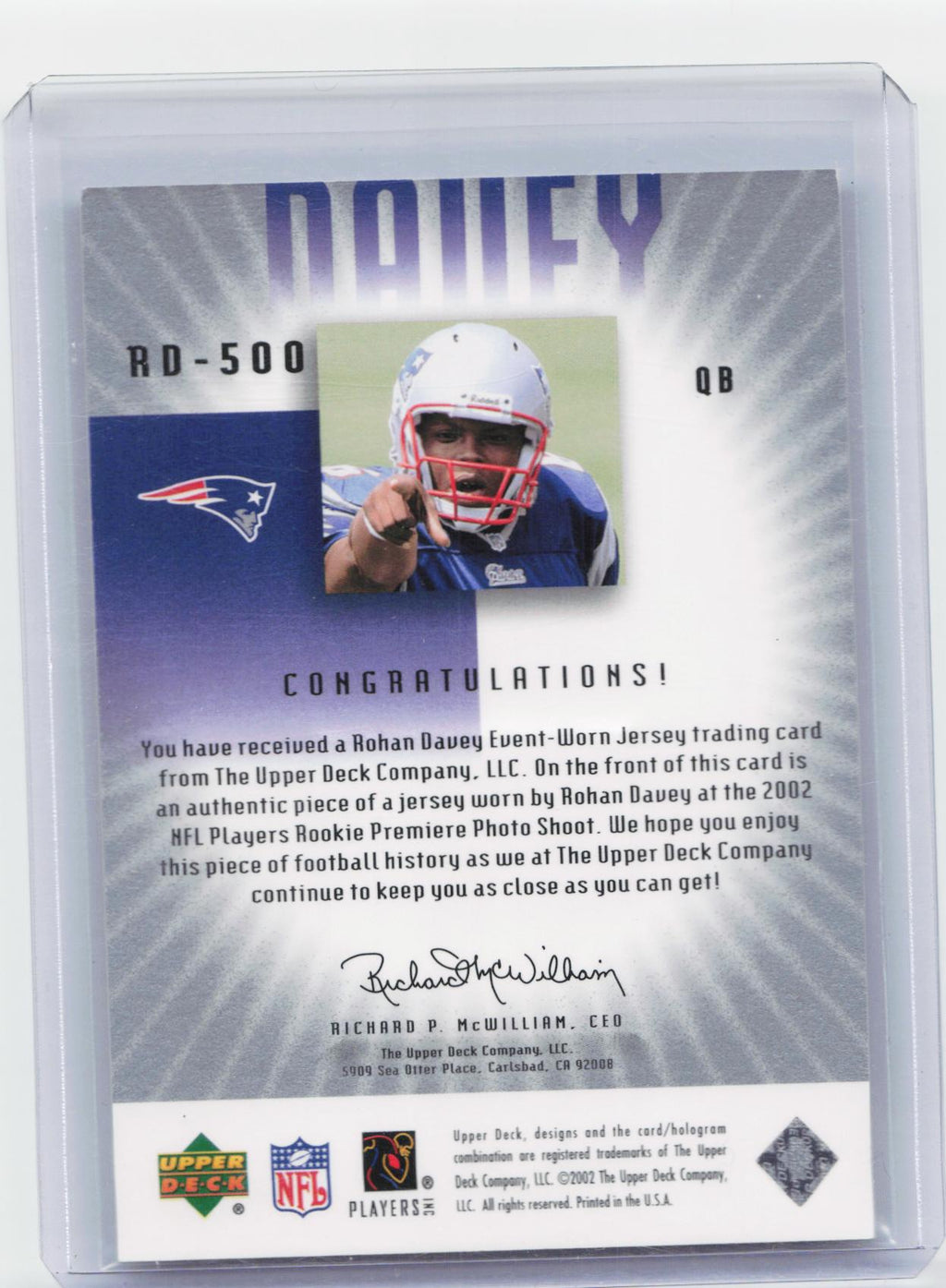 2002 UD Graded #RD-500 Rohan Davey Rookie Jerseys #/350