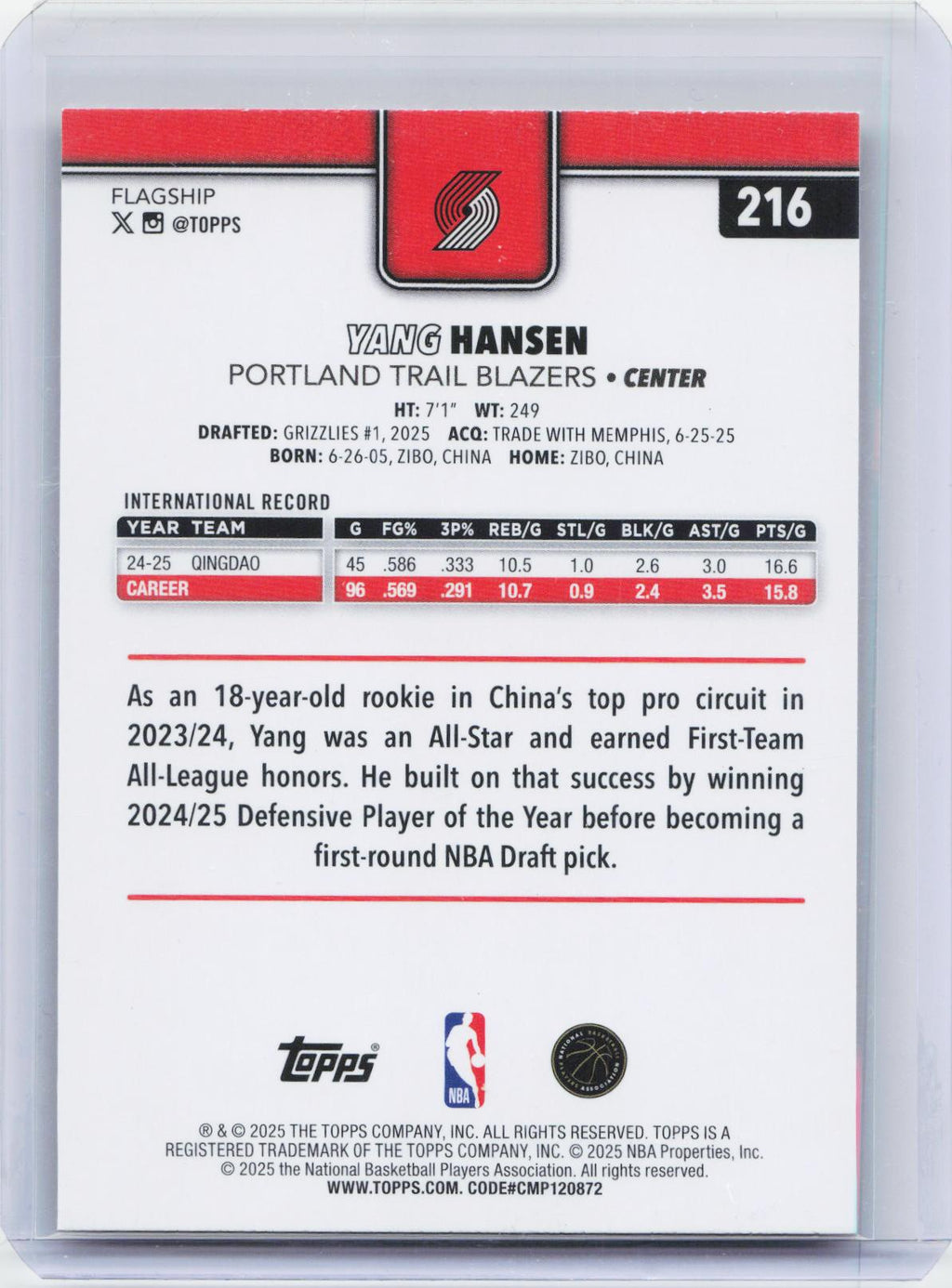 2025-26 Topps #216 Yang Hansen Gold #/2025