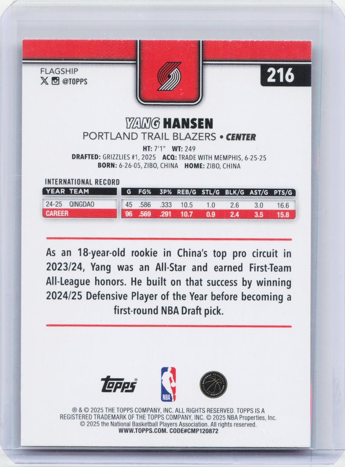 2025-26 Topps #216 Yang Hansen Gold #/2025