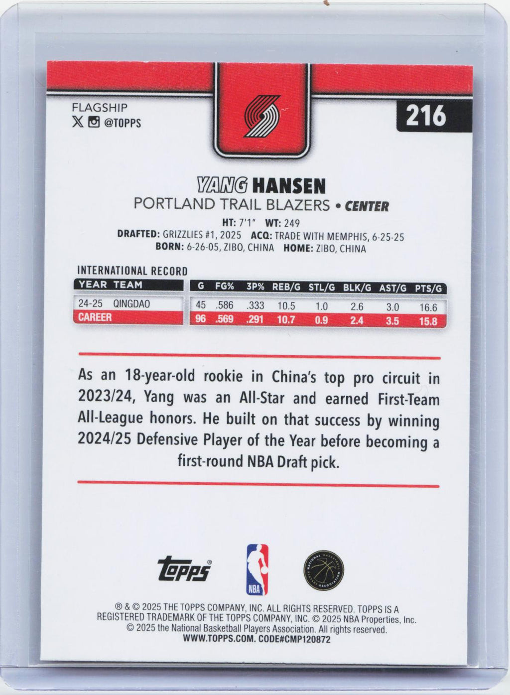 2025-26 Topps #216 Yang Hansen Gold #/2025