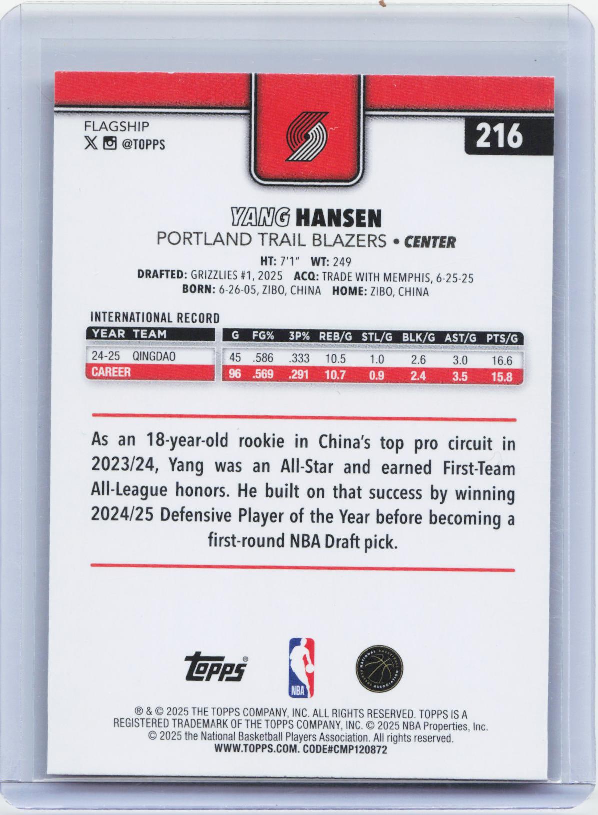 2025-26 Topps #216 Yang Hansen Gold #/2025