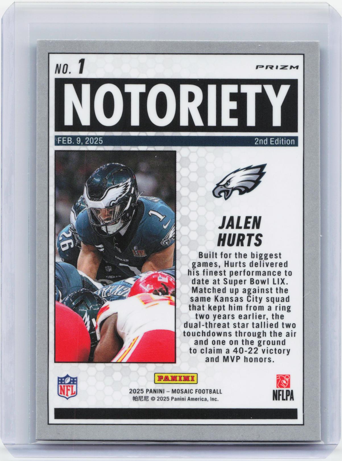 2025 Panini Mosaic #1 Jalen Hurts Notoriety
