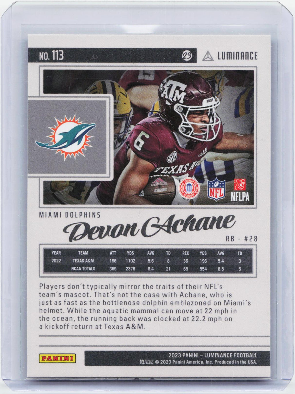 2023 Panini Luminance #113 De'Von Achane