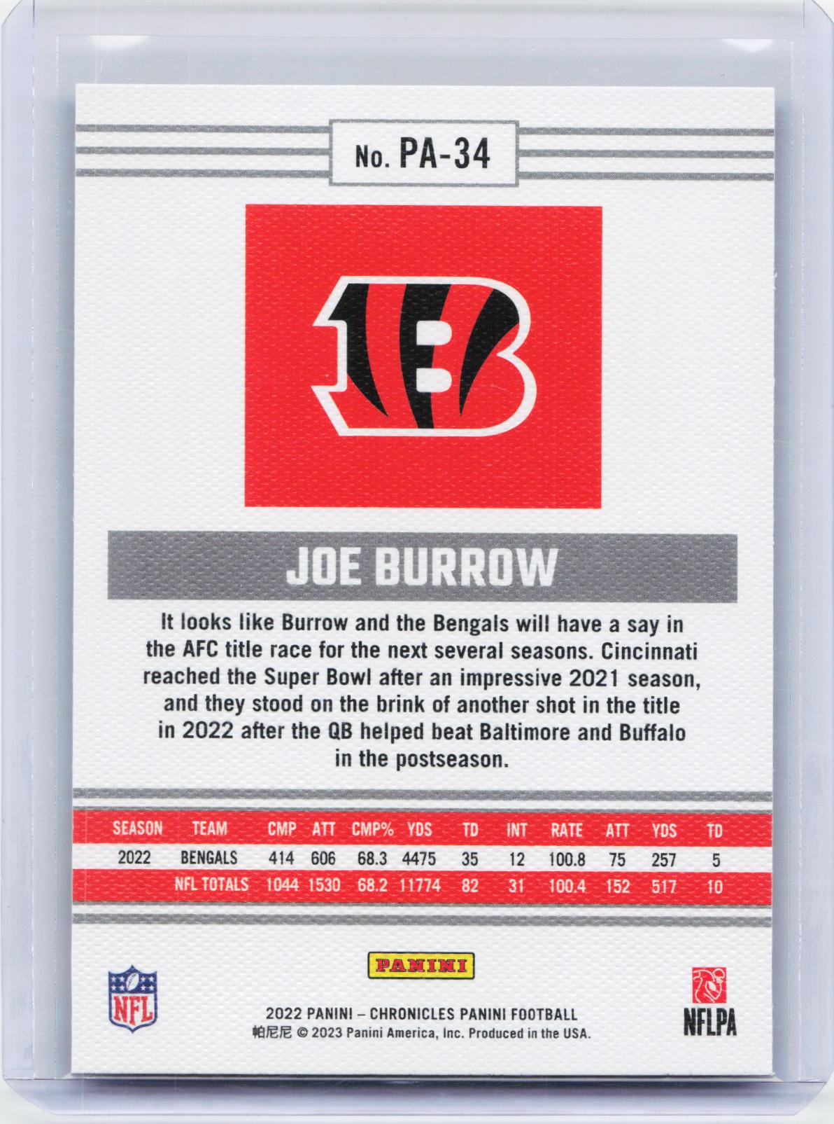 2022 Panini Chronicles #PA-34 Joe Burrow Panini
