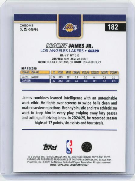 2025-26 Topps Chrome #182 Bronny James Jr. Gold RayWave Refractor #/50