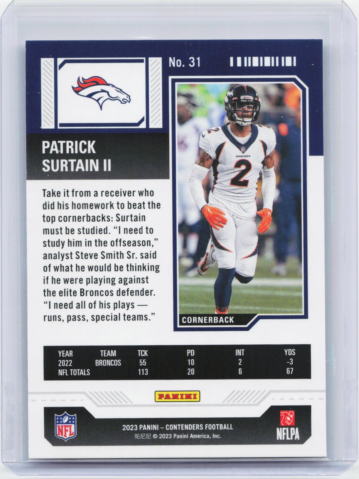 2023 Panini Contenders #31 Patrick Surtain II Game Ticket Bronze