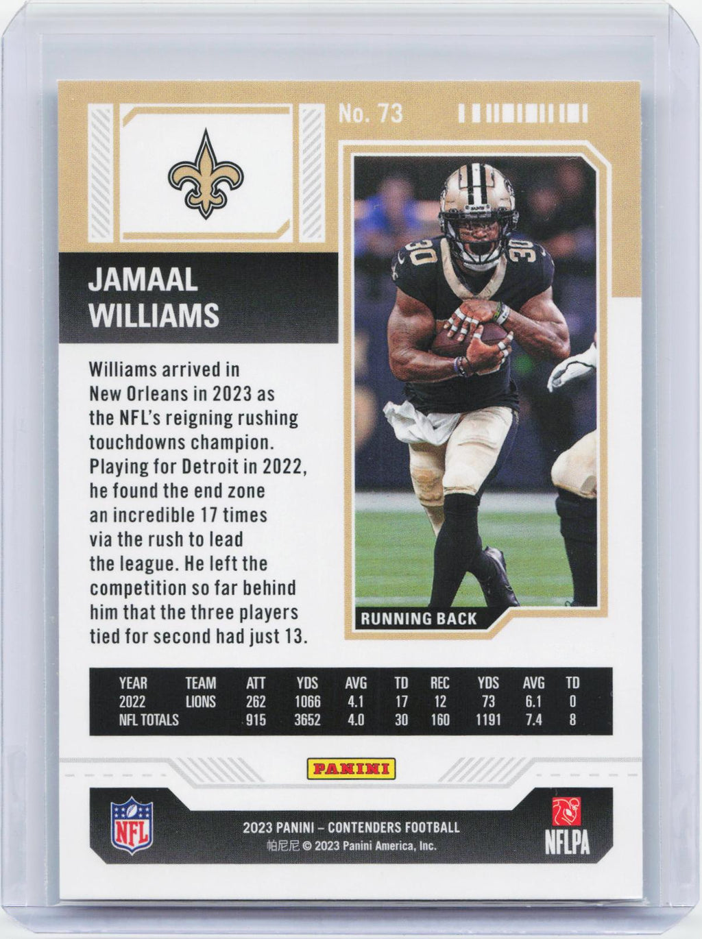 2023 Panini Contenders #73 Jamaal Williams Game Ticket Bronze
