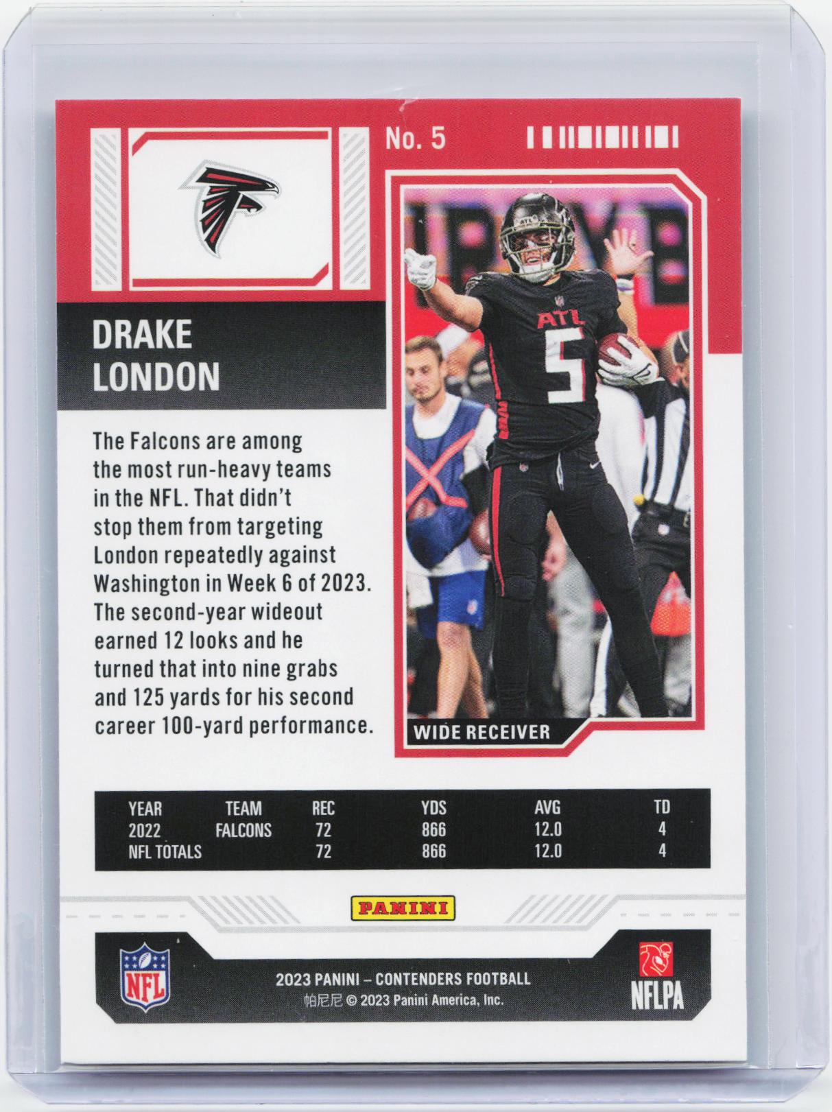 2023 Panini Contenders #5 Drake London Game Ticket Red
