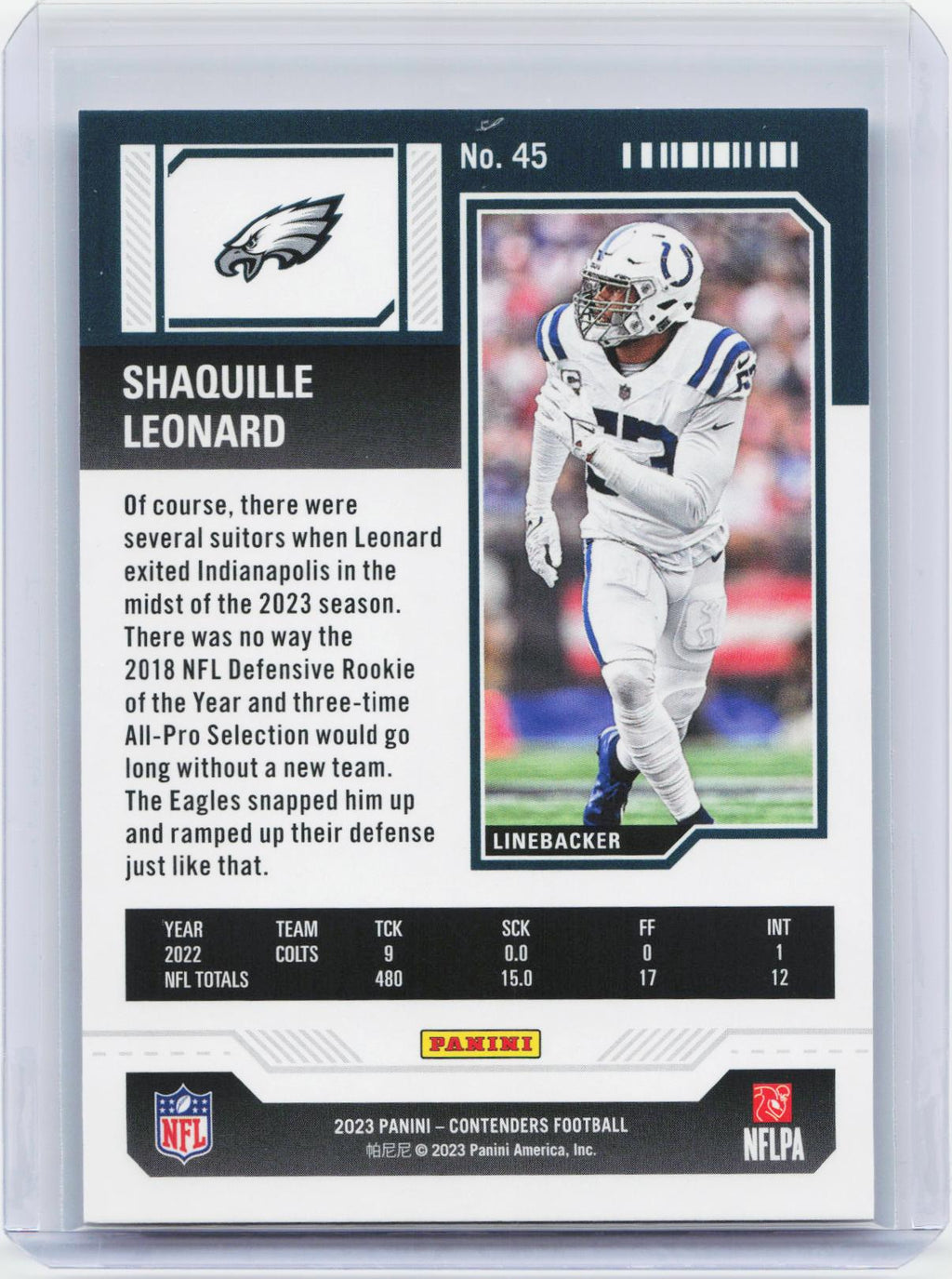 2023 Panini Contenders #45 Shaquille Leonard Game Ticket Red