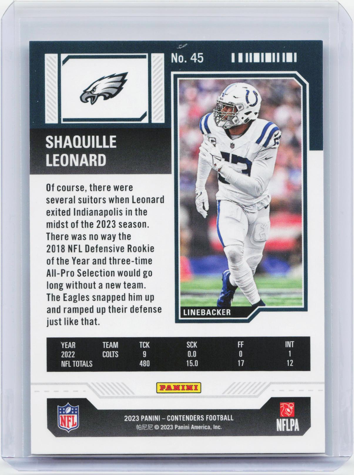 2023 Panini Contenders #45 Shaquille Leonard Game Ticket Red
