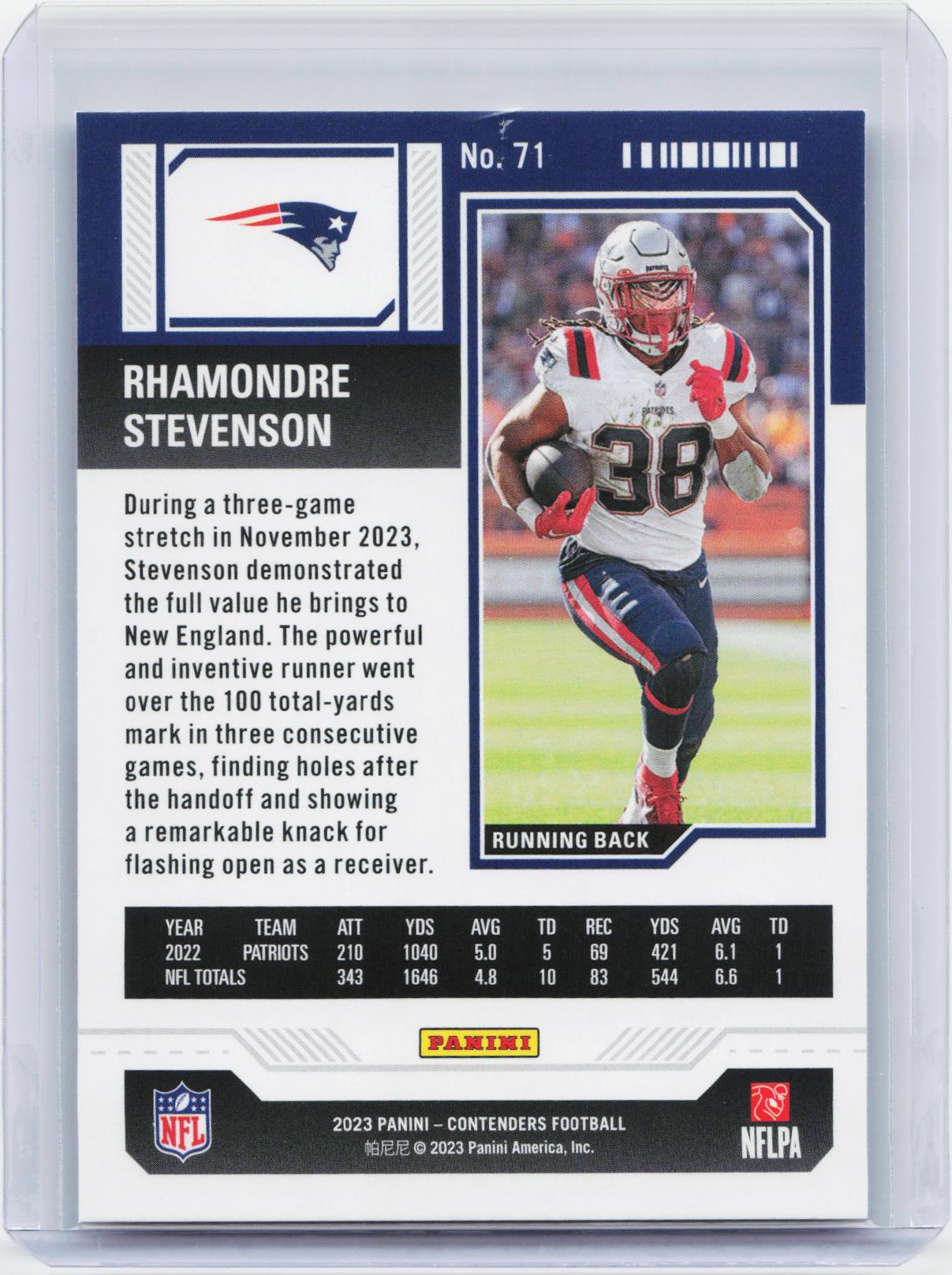 2023 Panini Contenders #71 Rhamondre Stevenson Game Ticket Bronze