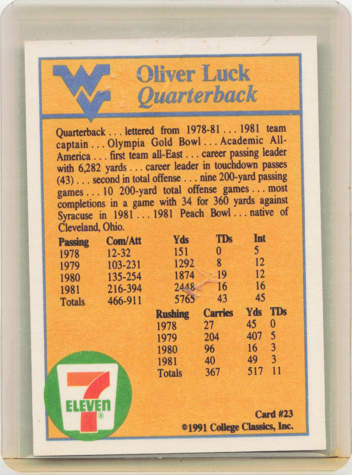1991 College Classics West Virginia Mountaineers #23 Oliver Luck