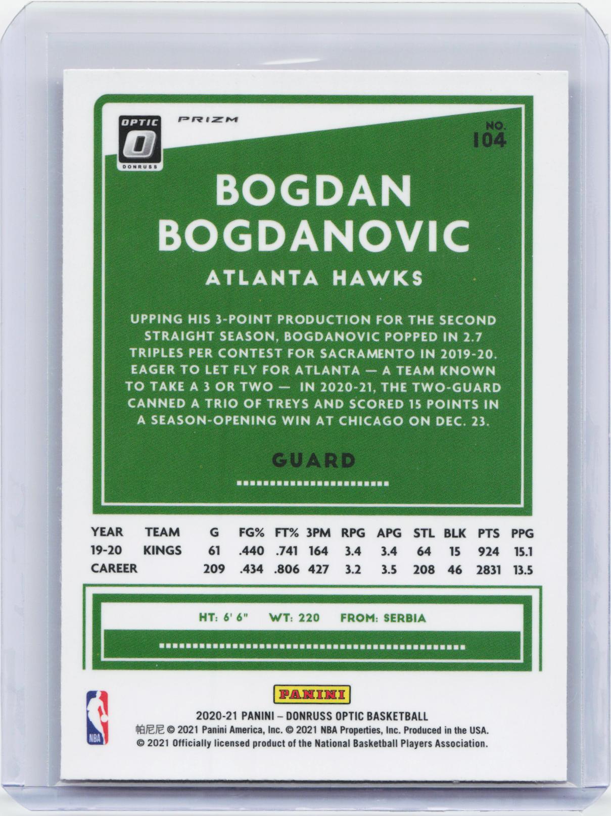 2020-21 Donruss Optic #104 Bogdan Bogdanovic Hyper Pink
