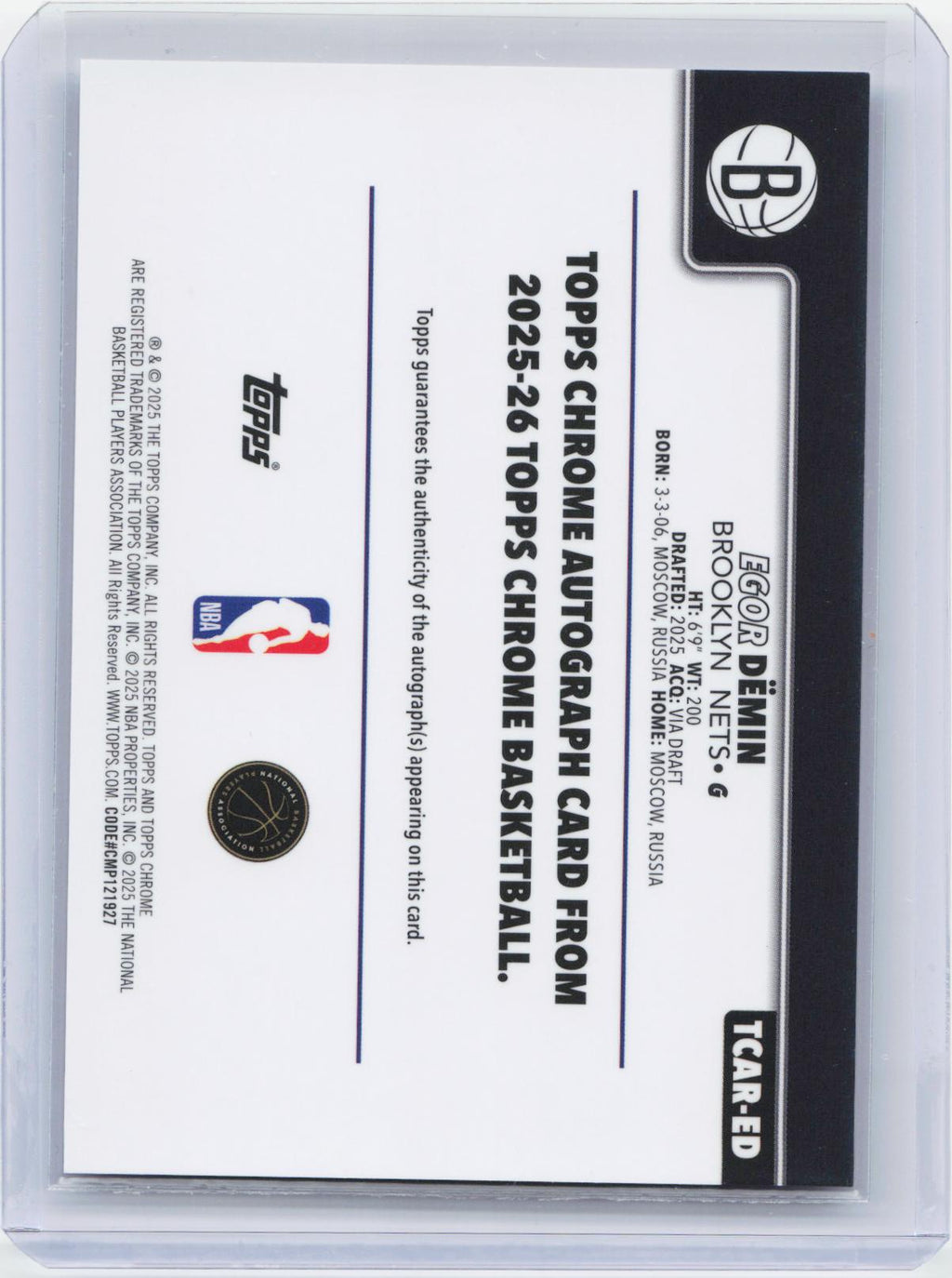 2025-26 Topps Chrome #TCAR-ED Egor Dëmin Chrome Rookie Autographs