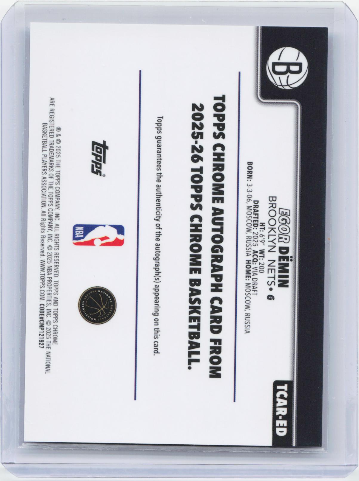 2025-26 Topps Chrome #TCAR-ED Egor Dëmin Chrome Rookie Autographs