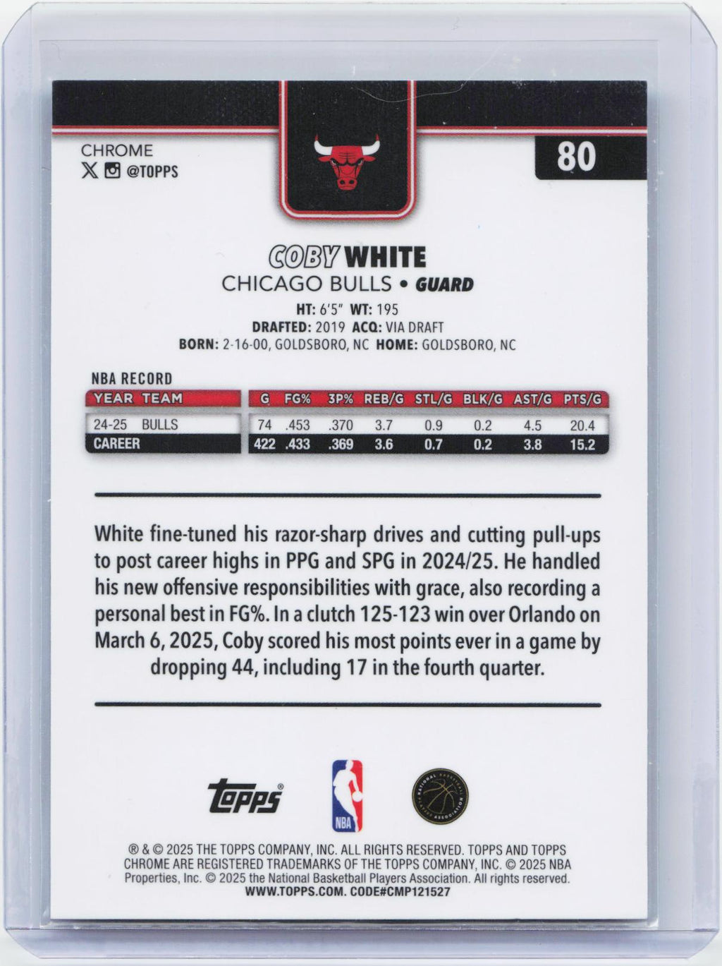 2025-26 Topps Chrome #80 Coby White Teal Refractor #/299