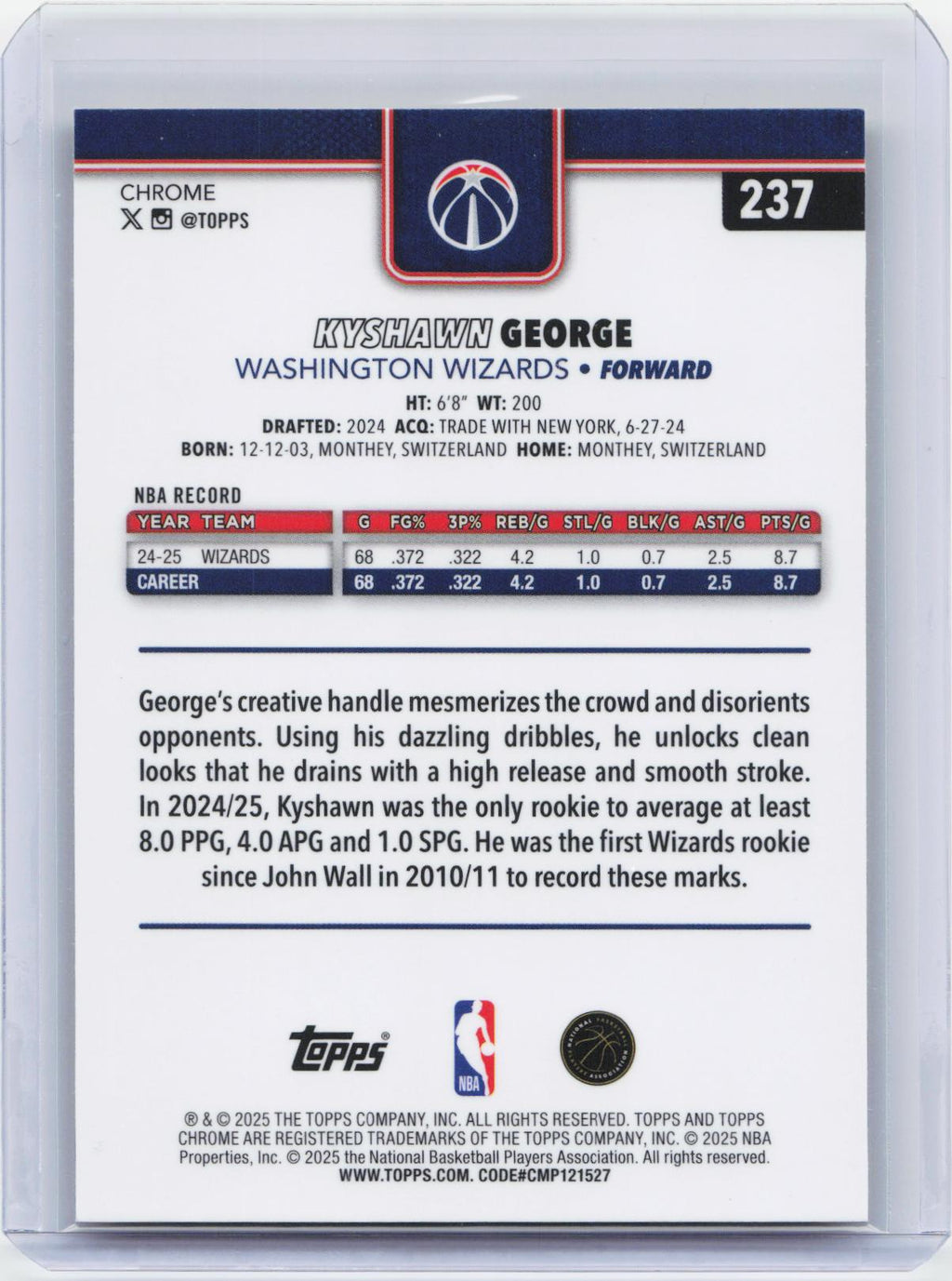 2025-26 Topps Chrome #237 Kyshawn George Yellow RayWave Refractor #/275