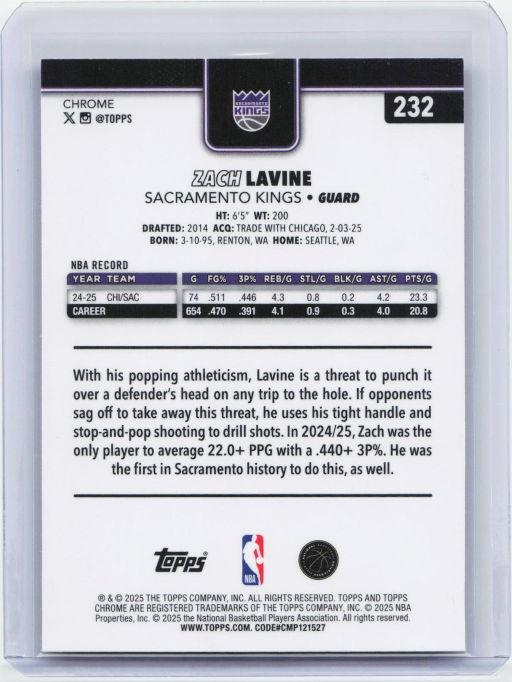 2025-26 Topps Chrome #232 Zach LaVine Basketball Refractor