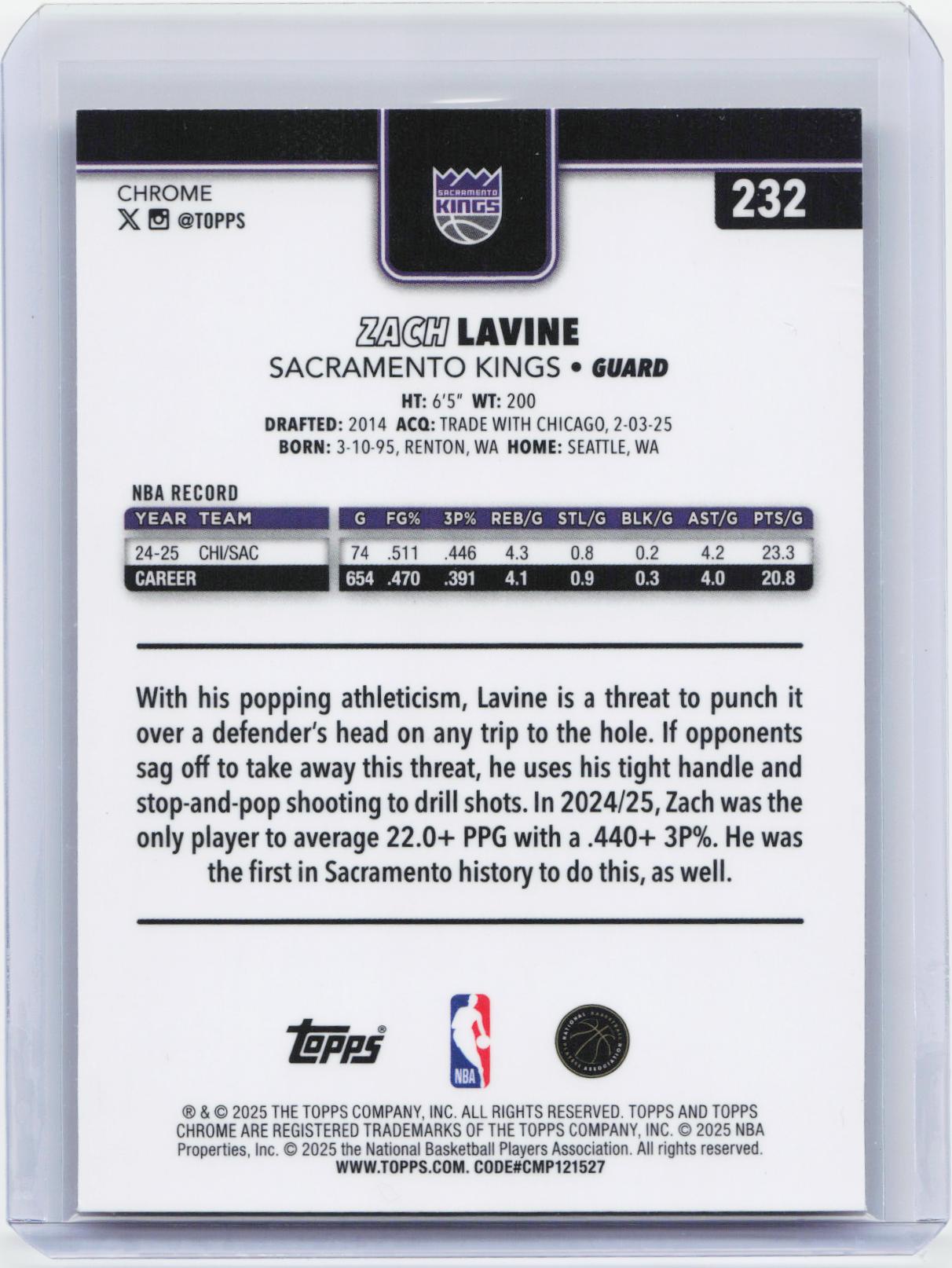 2025-26 Topps Chrome #232 Zach LaVine Basketball Refractor