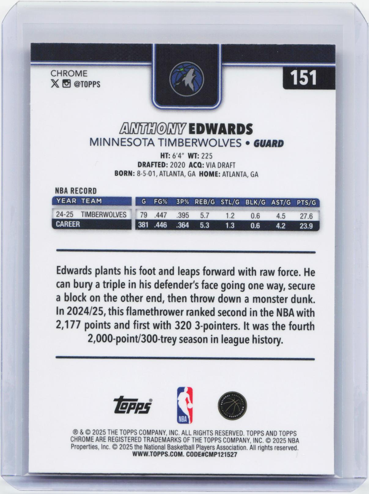2025-26 Topps Chrome #151 Anthony Edwards Red White and Blue Refractor