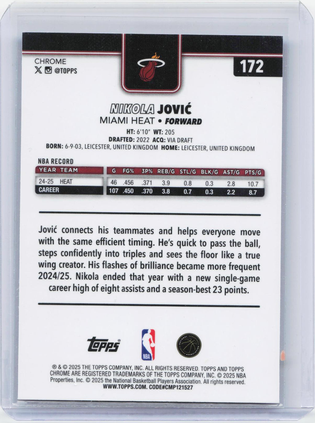 2025-26 Topps Chrome #172 Nikola Jović Blue RayWave Refractor #/150