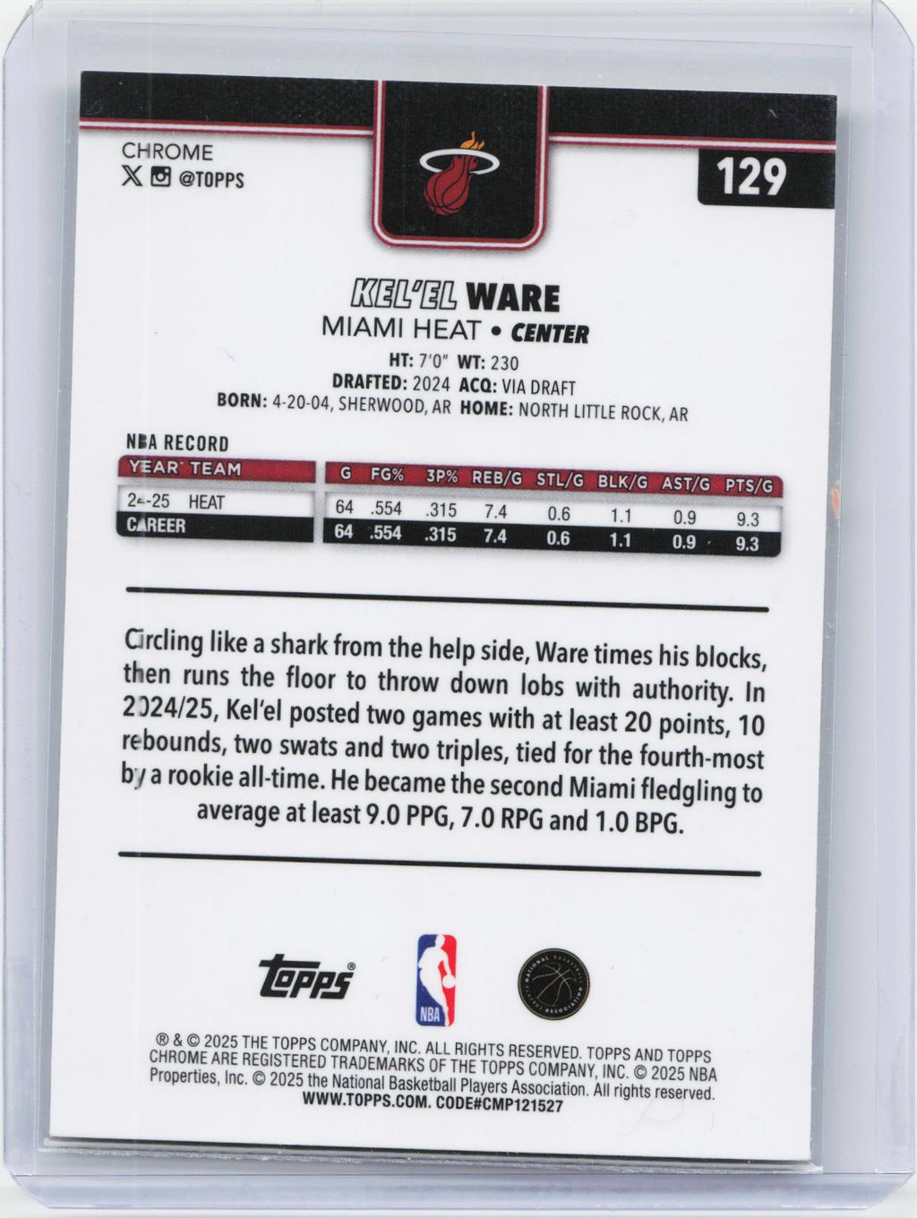 2025-26 Topps Chrome #129 Kel'el Ware Yellow RayWave Refractor #/275