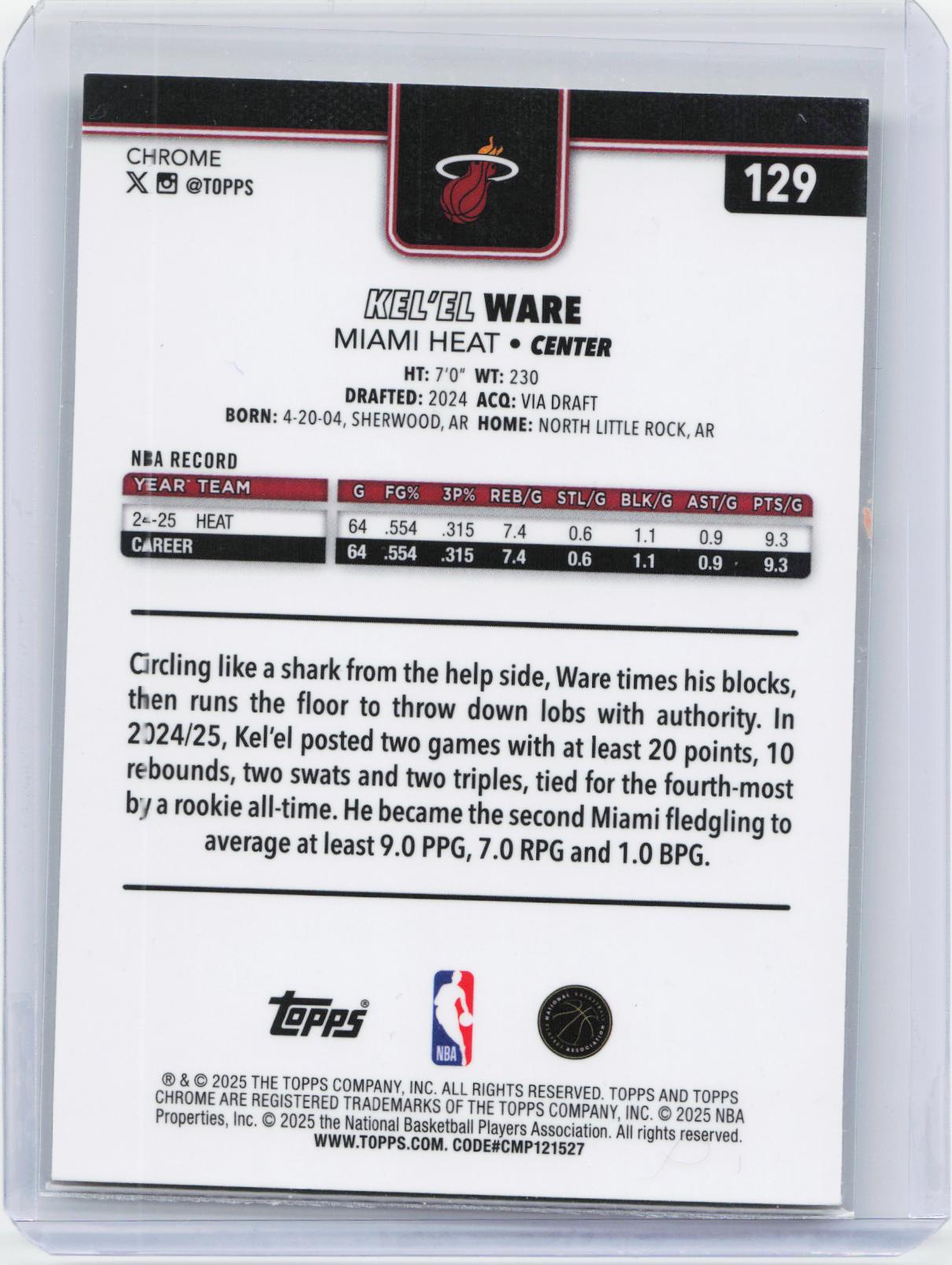 2025-26 Topps Chrome #129 Kel'el Ware Yellow RayWave Refractor #/275