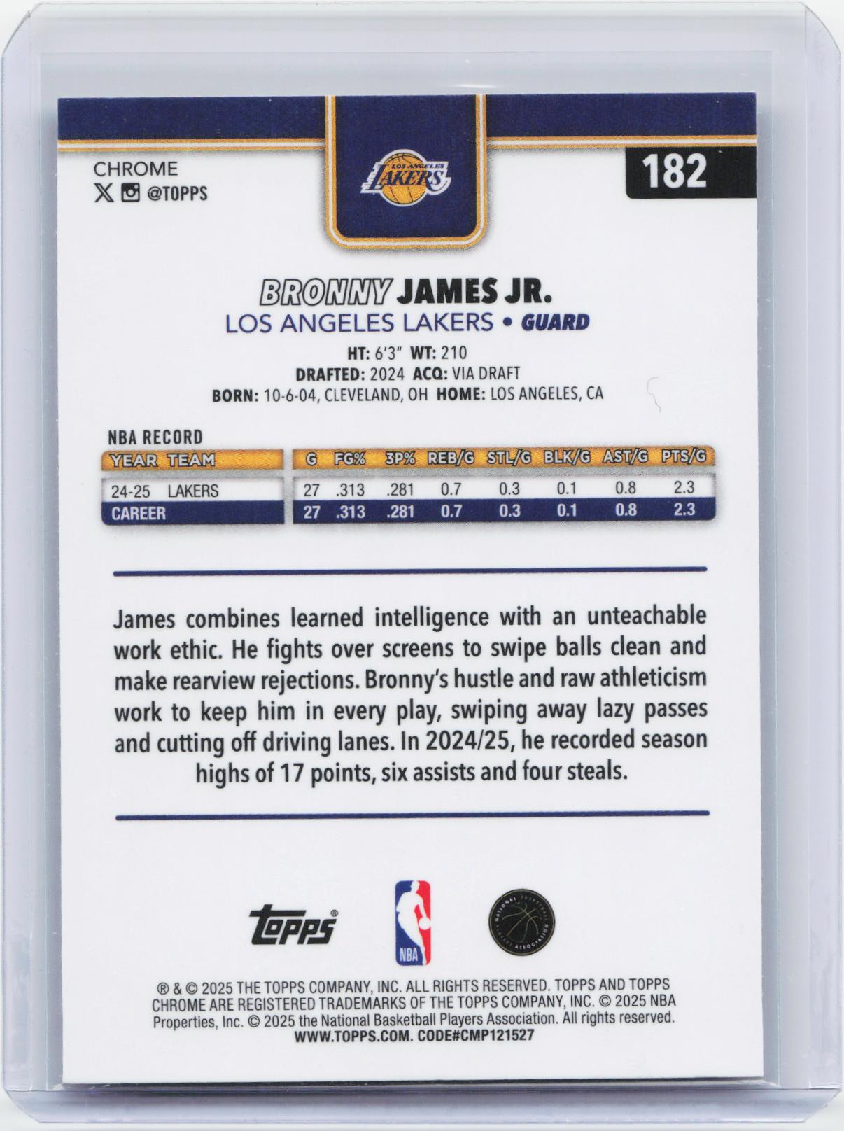 2025-26 Topps Chrome #182 Bronny James Jr. X-Fractor