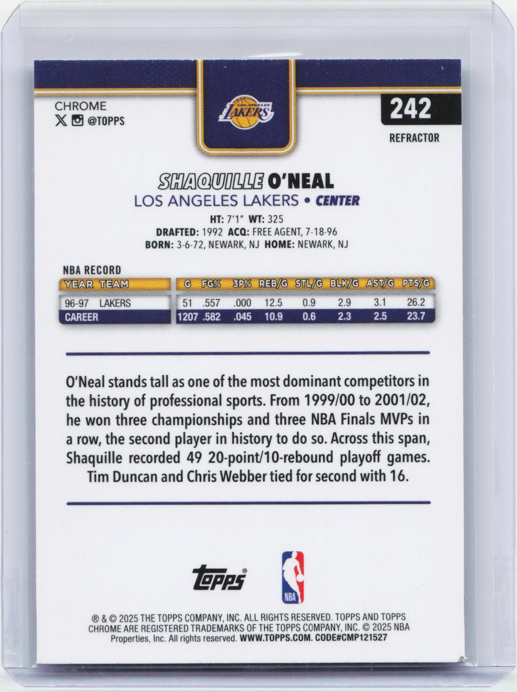 2025-26 Topps Chrome #242 Shaquille O'Neal Refractor