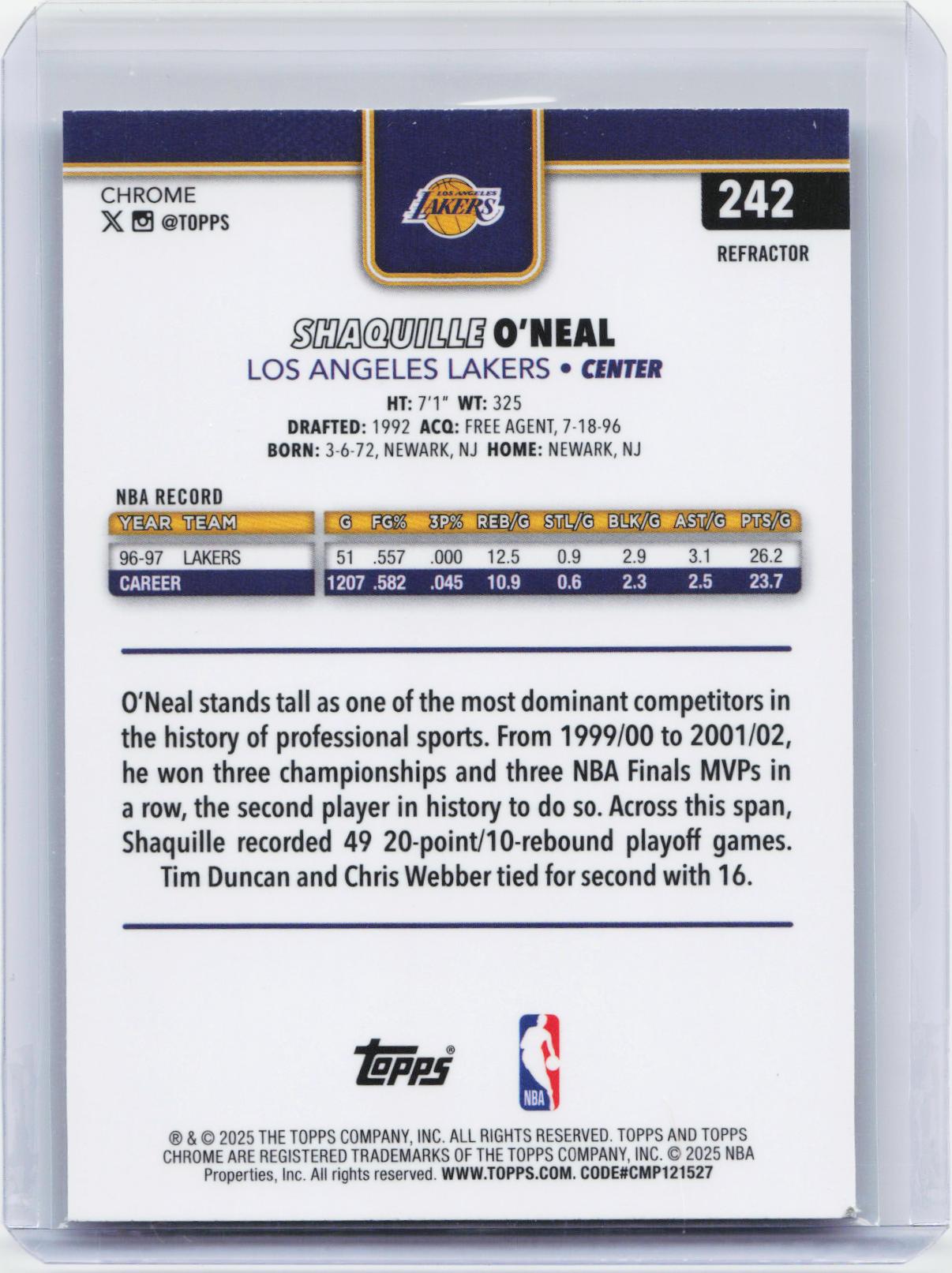 2025-26 Topps Chrome #242 Shaquille O'Neal Refractor