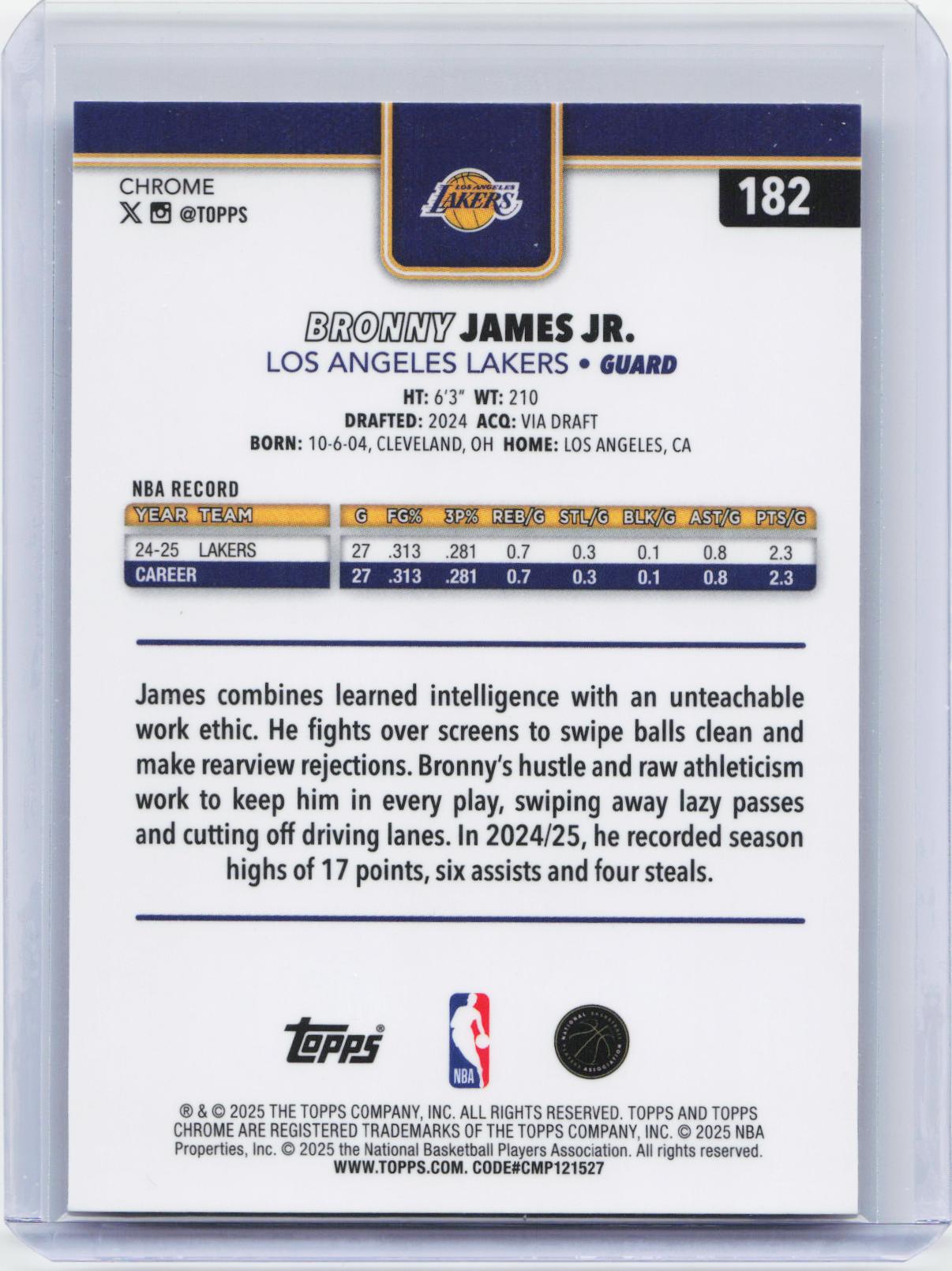 2025-26 Topps Chrome #182 Bronny James Jr. X-Fractor