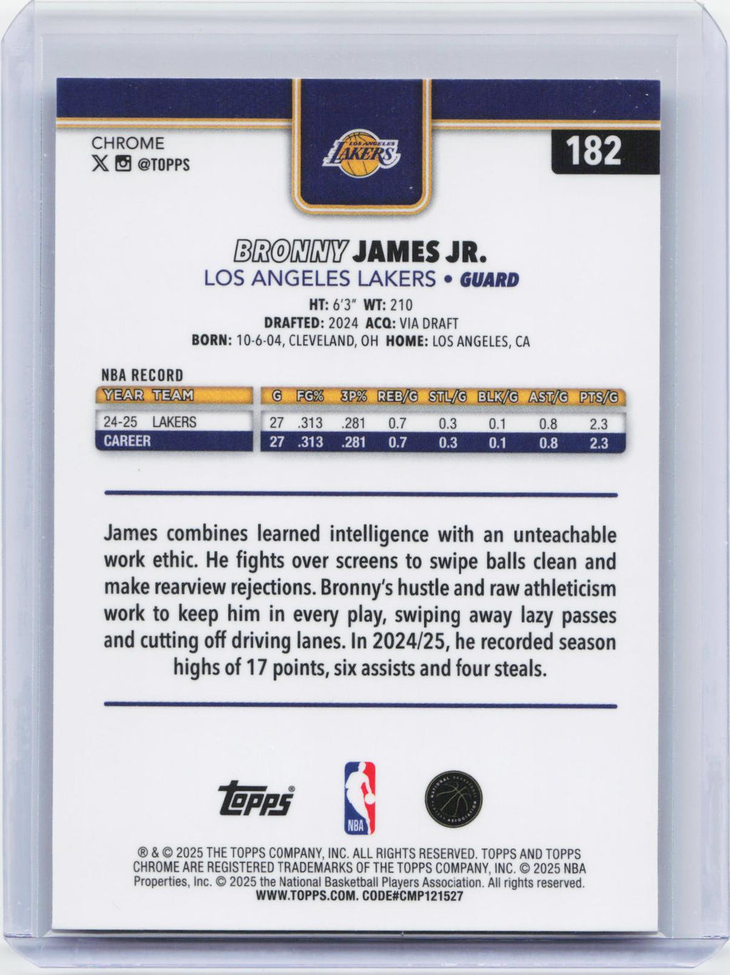 2025-26 Topps Chrome #182 Bronny James Jr. X-Fractor