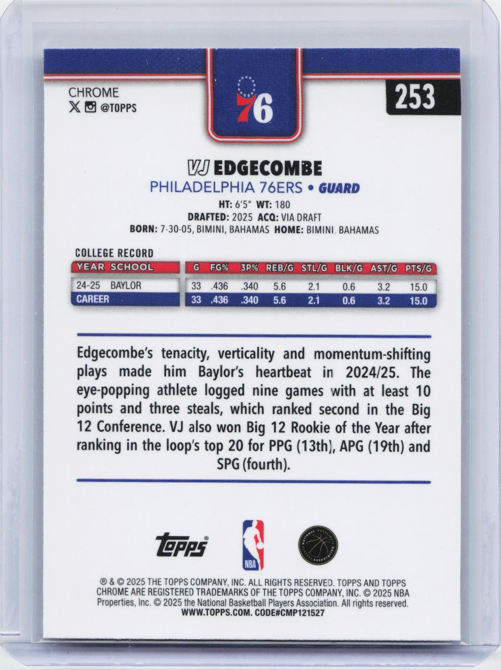 2025-26 Topps Chrome #253 VJ Edgecombe