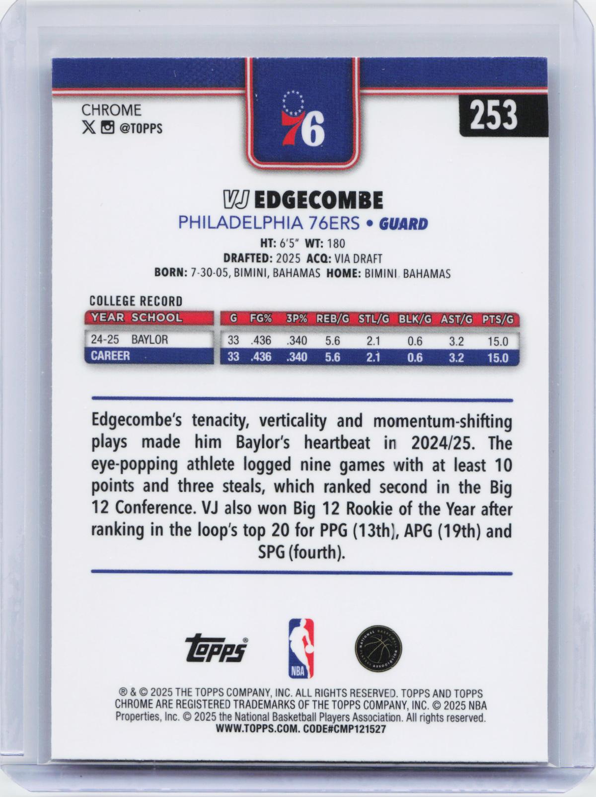 2025-26 Topps Chrome #253 VJ Edgecombe
