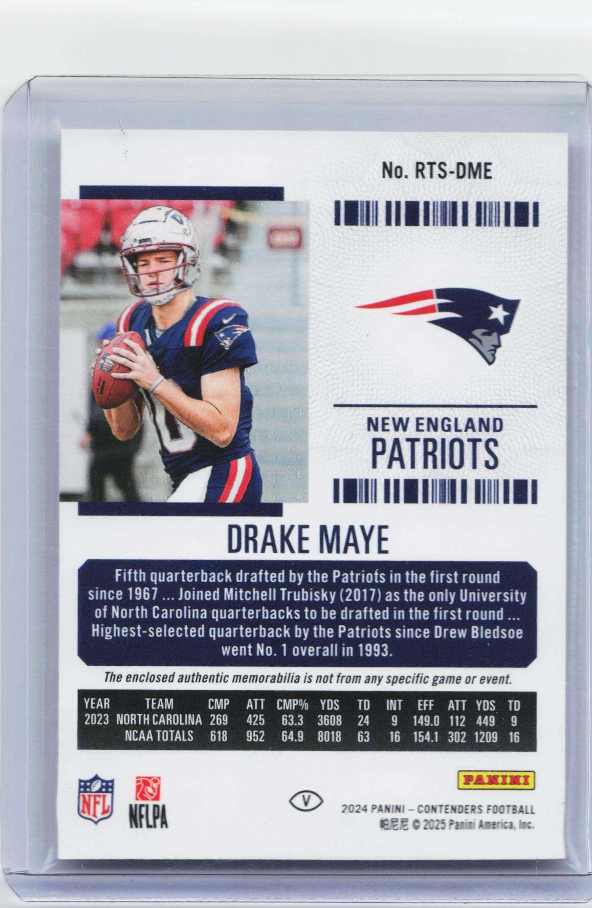 2024 Panini Contenders #RTS-DME Drake Maye Rookie Ticket Swatches