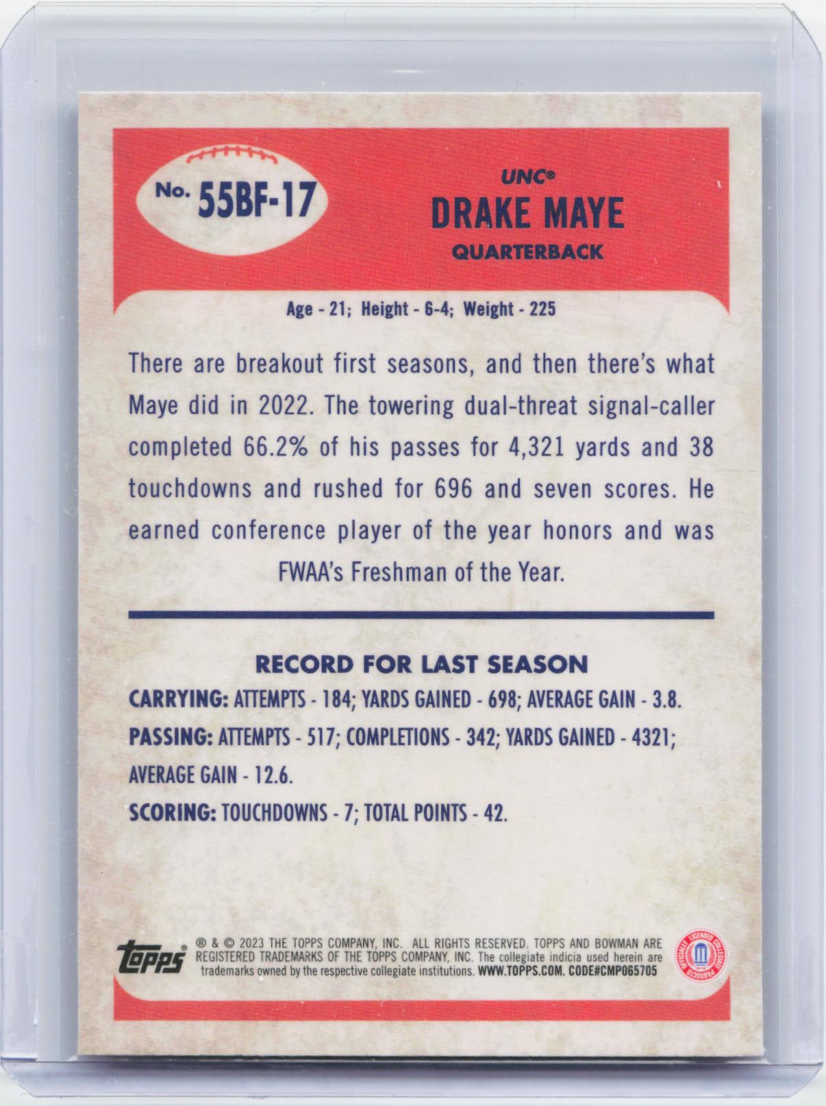 2023 Bowman University Chrome #55BF-17 Drake Maye 1955 Bowman Football