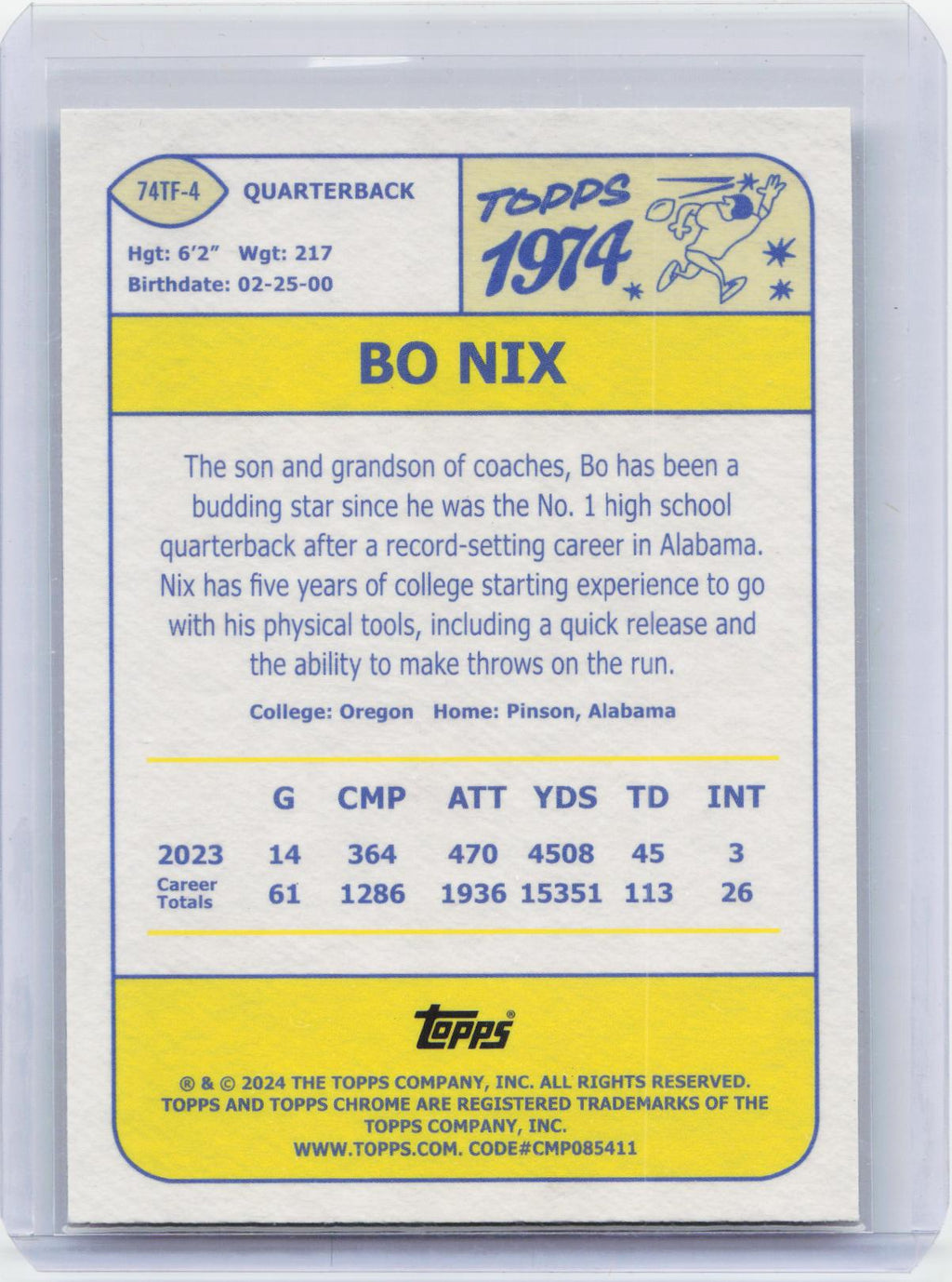 2024 Topps Chrome #74TF-4 Bo Nix 1974 Topps Football