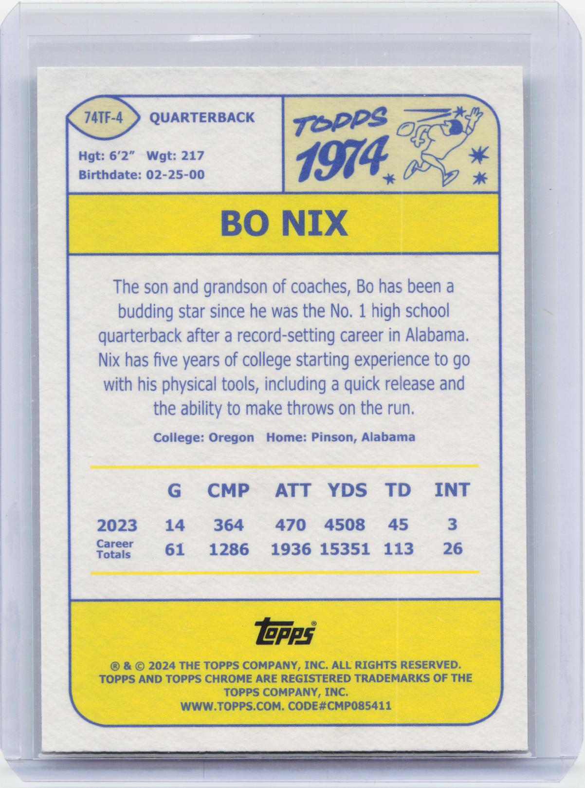 2024 Topps Chrome #74TF-4 Bo Nix 1974 Topps Football