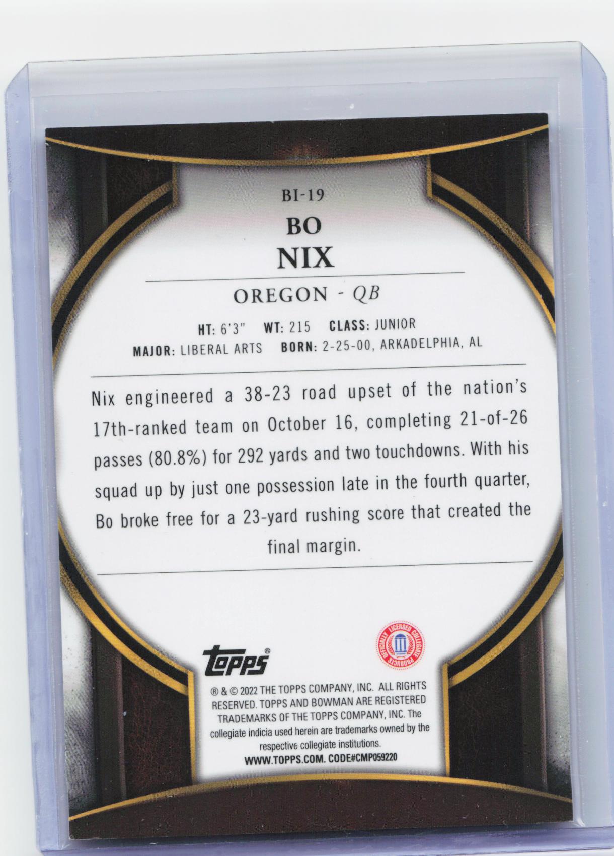 2022 Bowman University Chrome #BI-19 Bo Nix Invicta