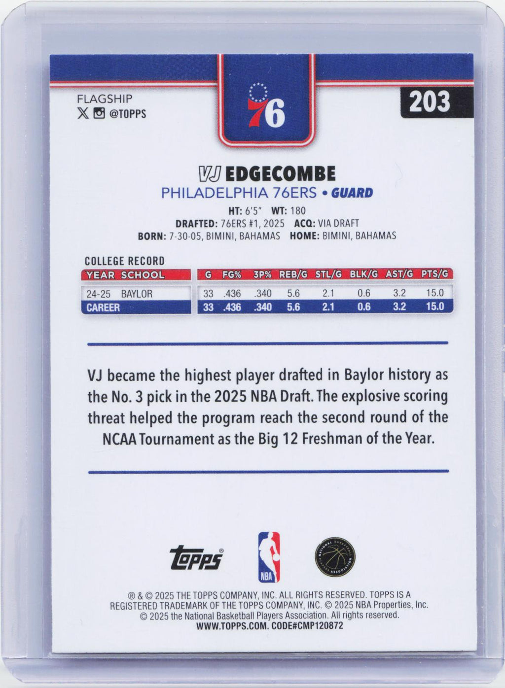 2025-26 Topps #203 VJ Edgecombe Season Tip Off
