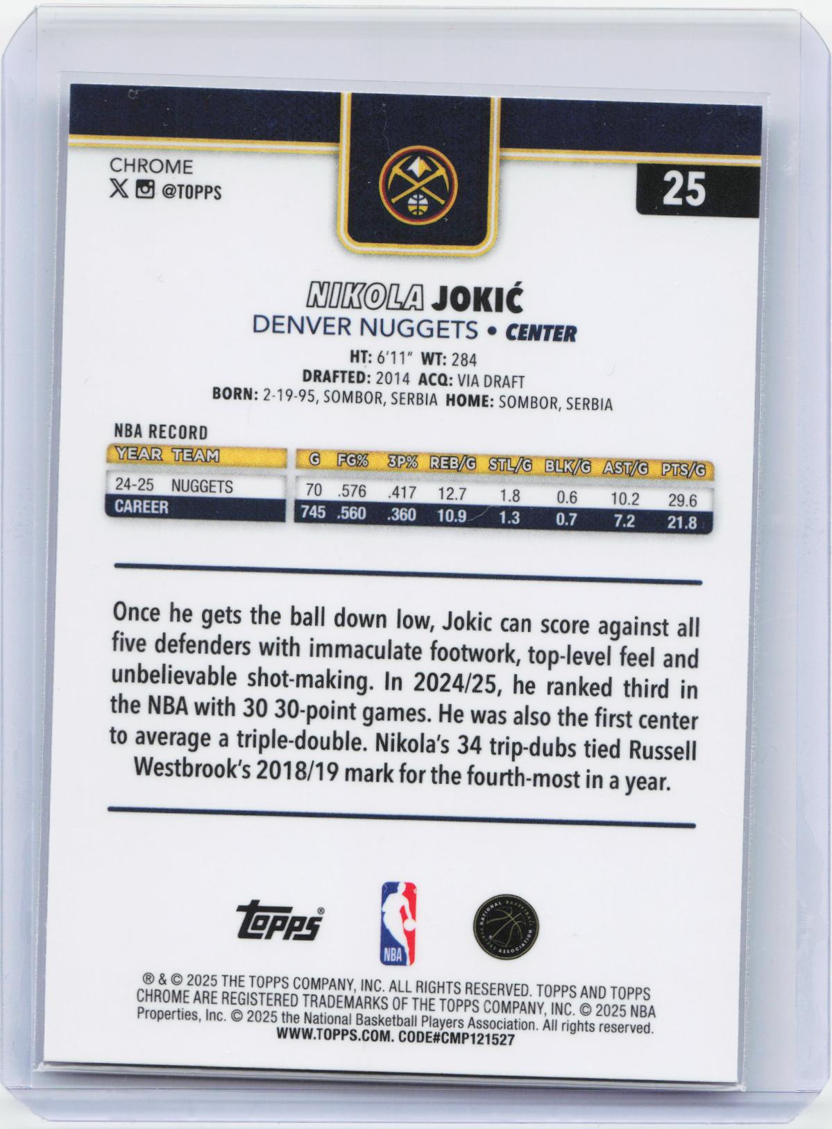 2025-26 Topps Chrome #25 Nikola Jokić