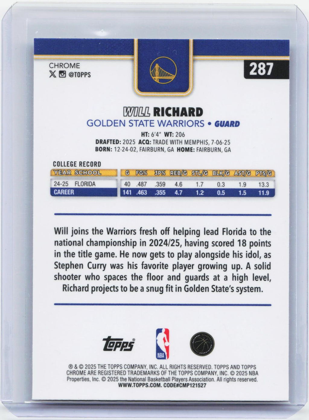 2025-26 Topps Chrome #287 Will Richard