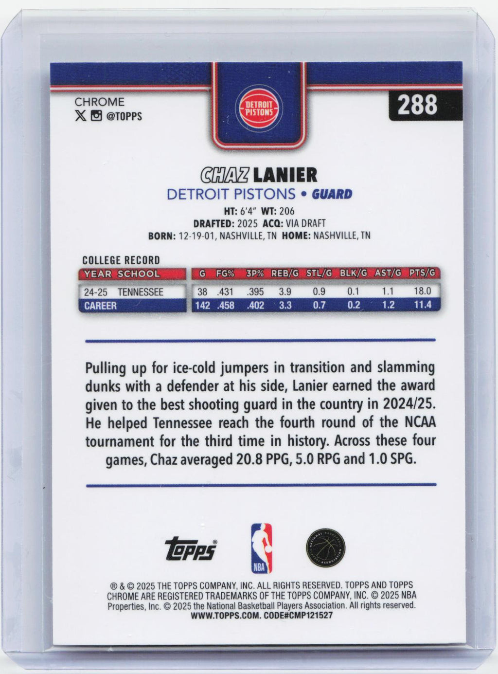2025-26 Topps Chrome #288 Chaz Lanier