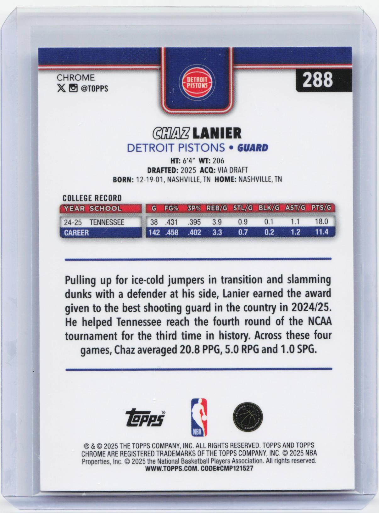 2025-26 Topps Chrome #288 Chaz Lanier