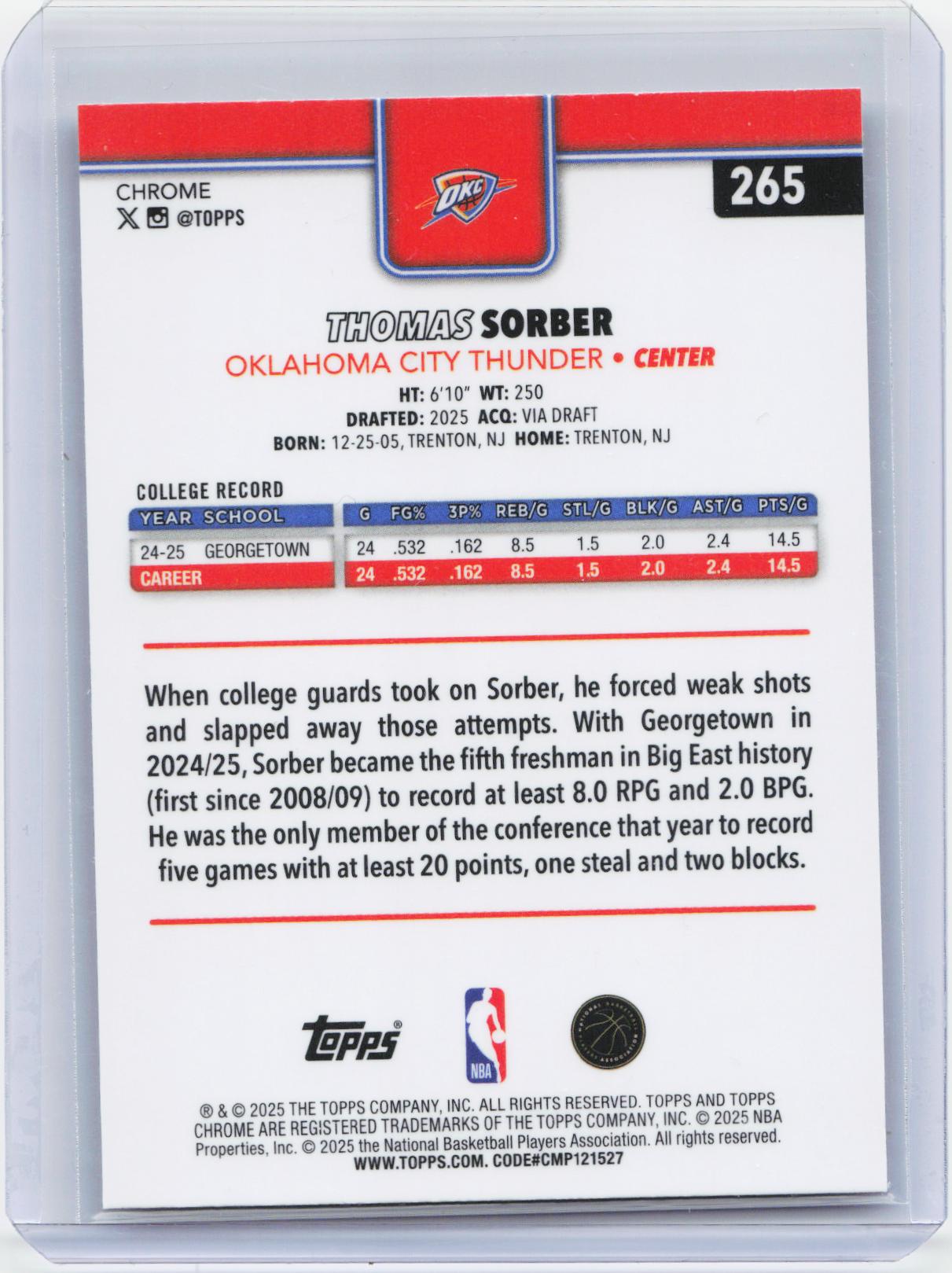 2025-26 Topps Chrome #265 Thomas Sorber