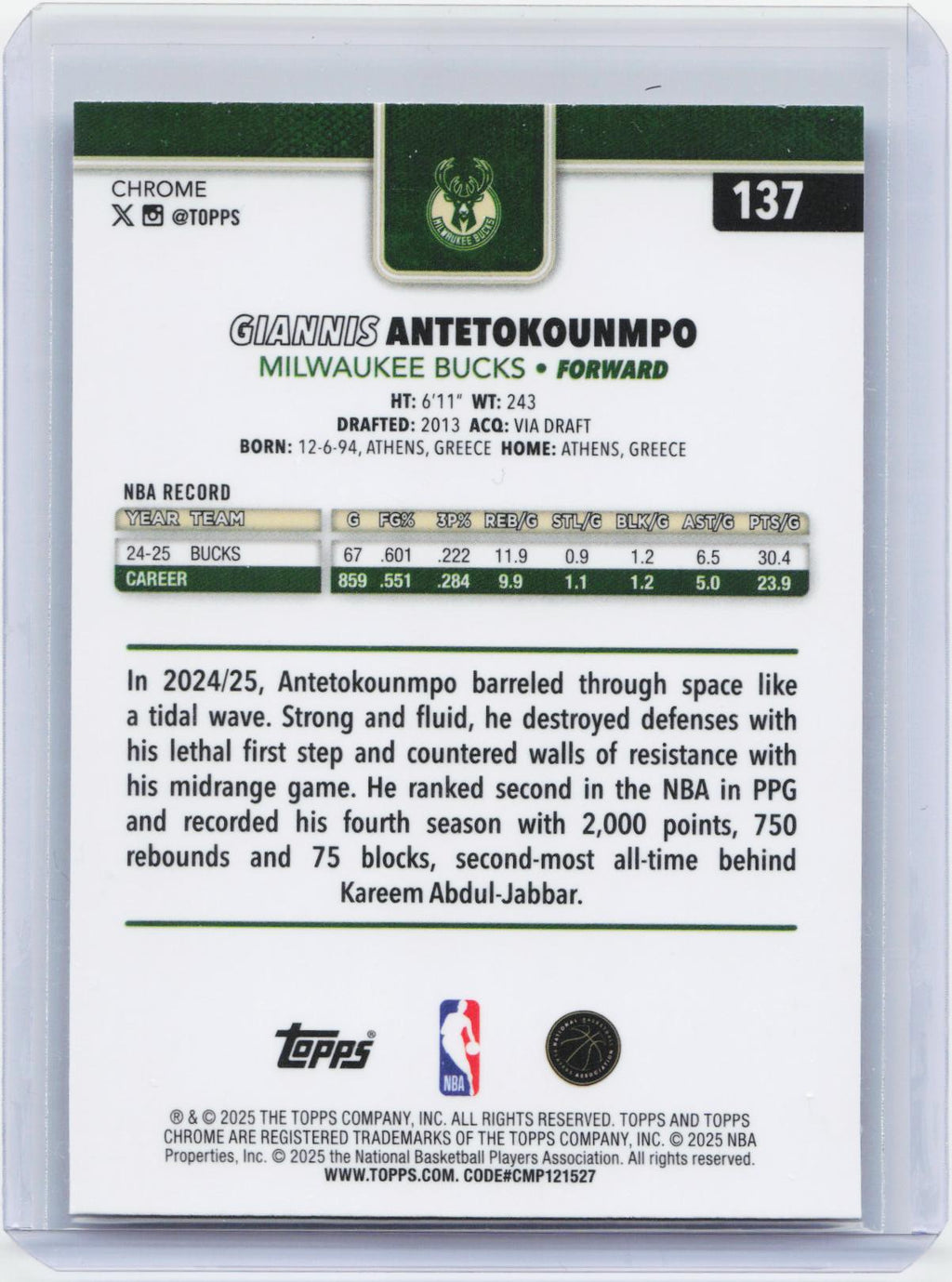 2025-26 Topps Chrome #137 Giannis Antetokounmpo