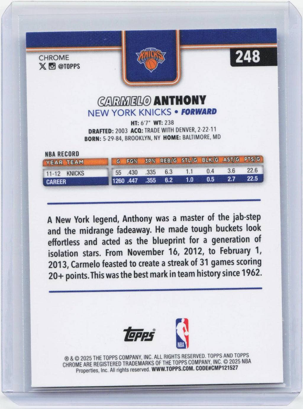 2025-26 Topps Chrome #248 Carmelo Anthony X-Fractor