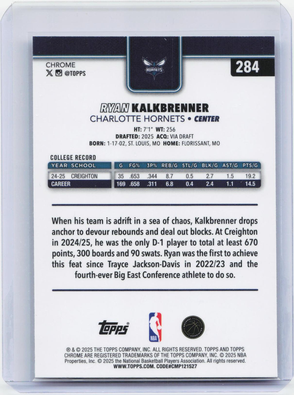 2025-26 Topps Chrome #284 Ryan Kalkbrenner